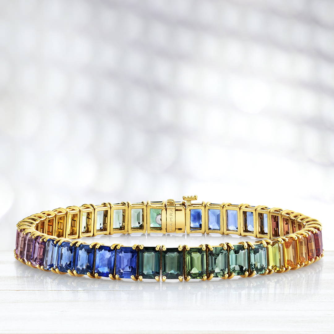 rainbow sapphire bracelet set in 18k yellow gold