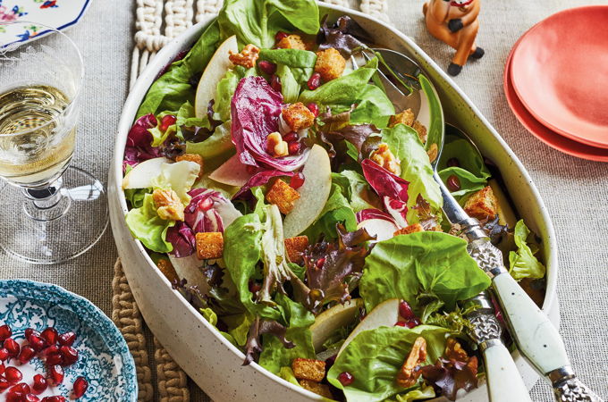 Crunchy Green Salad with Pear, Pomegranate and Spiced Croutons