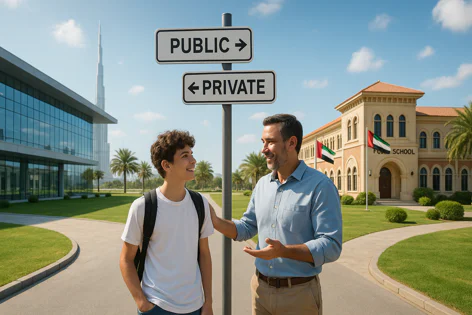 An adult talks with a student beside a signpost showing 'Public' and 'Private' directions, near contrasting school buildings in Dubai.