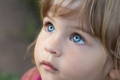 A little girl with blue eyes looking at the sky.