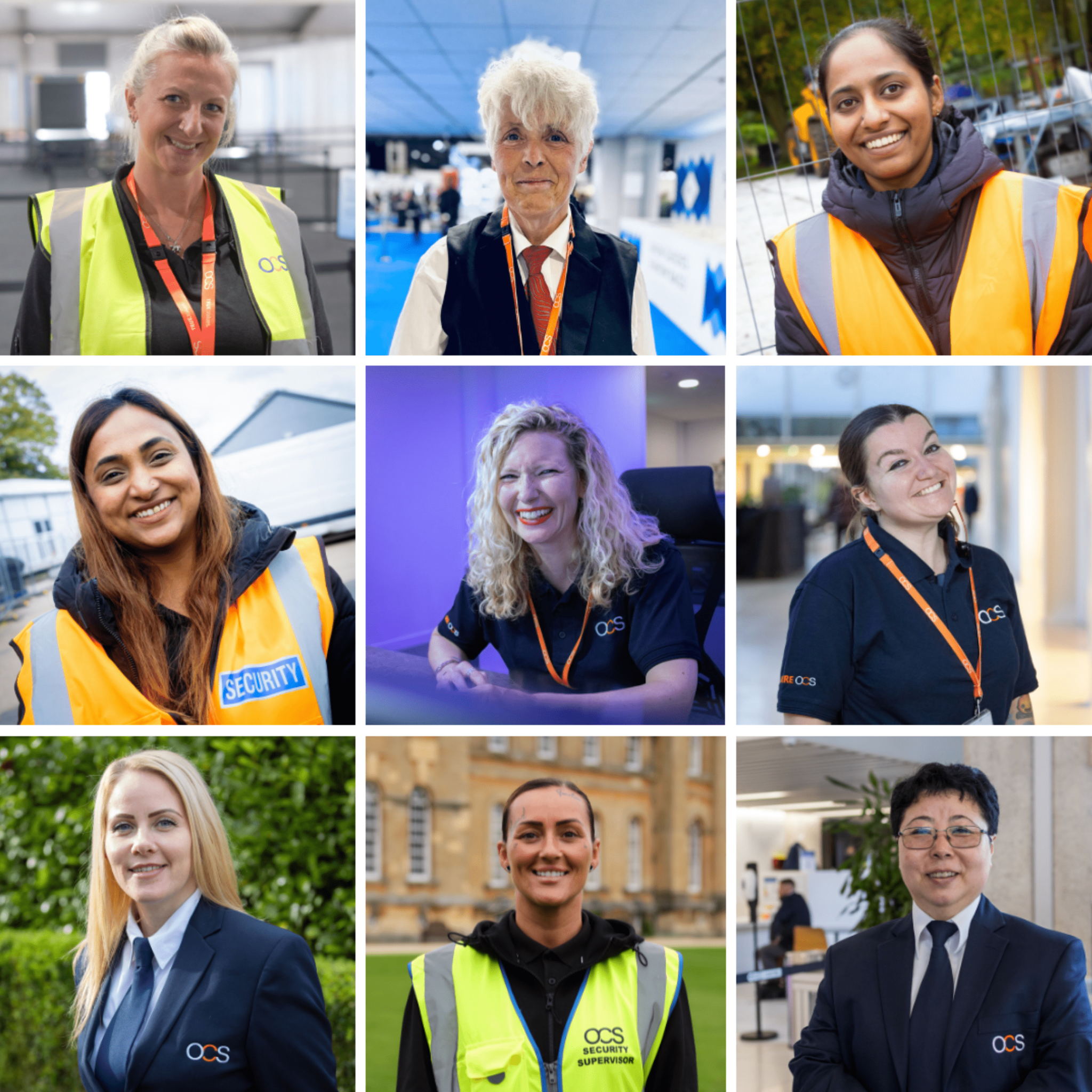 A grid of nine people in various uniforms and badges, smiling at the camera. They represent diverse security and administrative staff, wearing orange lanyards. Backgrounds vary from indoor office settings to outdoor environments.