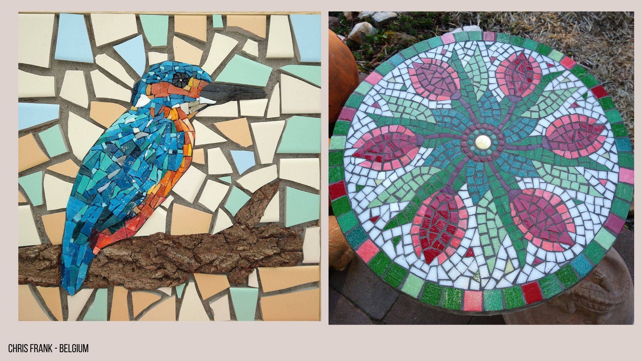 Linker foto: Een mozaiek van een blauwe ijsvogel op een tak gemaakt in Smalti met een achtergrond van Mosa tegels. Rechter foto: Een ronde tafelblad gemaakt in glasmozaiek met rode bloemenmotieven, groene bladeren en een witte achtergrond.