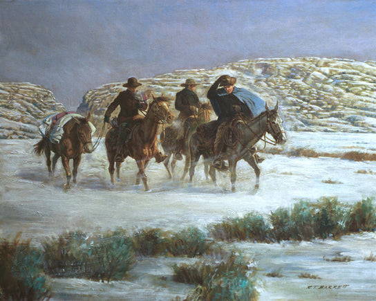 Painting of pioneer men riding horses through the snow.