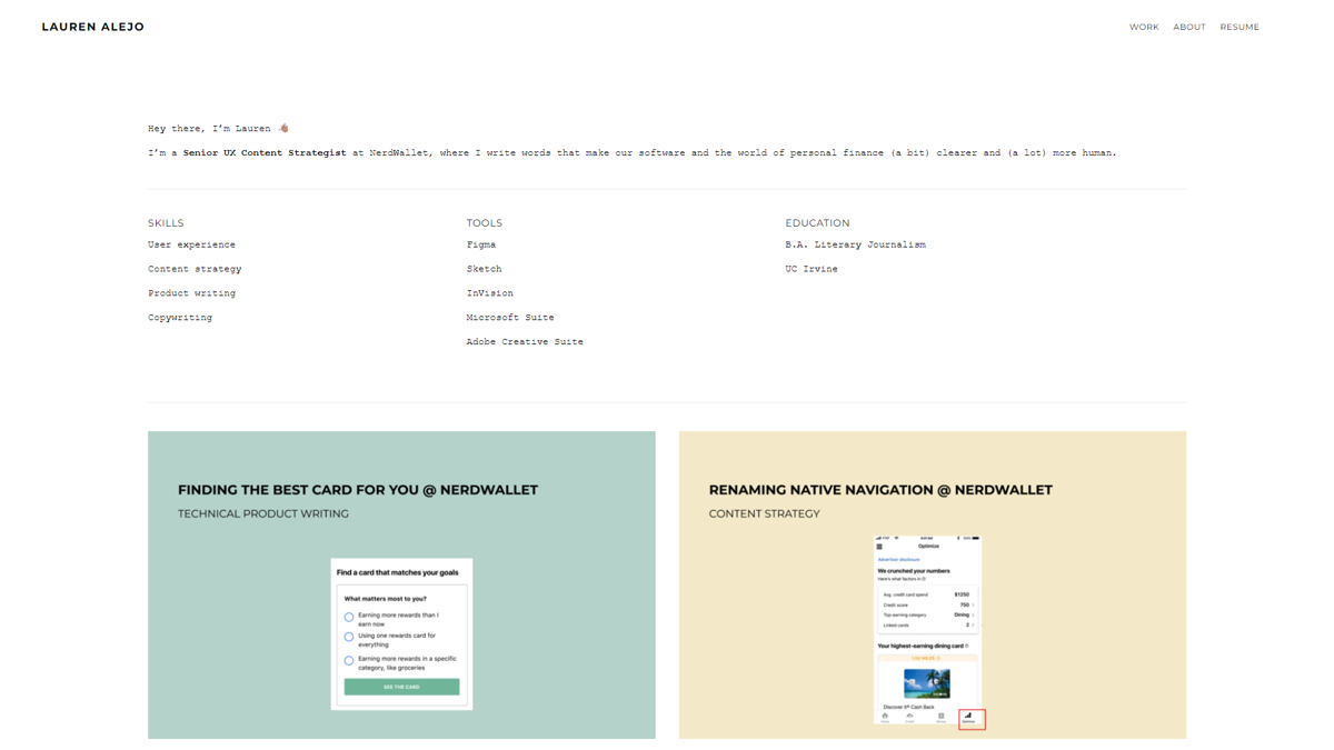 Screenshot of Lauren Alejo, from the copywriting portfolios collection.