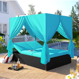 Patio Chaise Lounge, PE Rattan Outdoor Patio Wicker Sunbed Daybed with Adjustable Seats, Four-sided Canopy, Overhead Curtain and Blue Cushions for Backyard, Garden, Poolside (for 2-6 people)