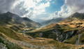 Vue panoramique du col du Tourmalet, la route qui serpente parmi les montagnes avec des camping car et des voitures des spectateurs