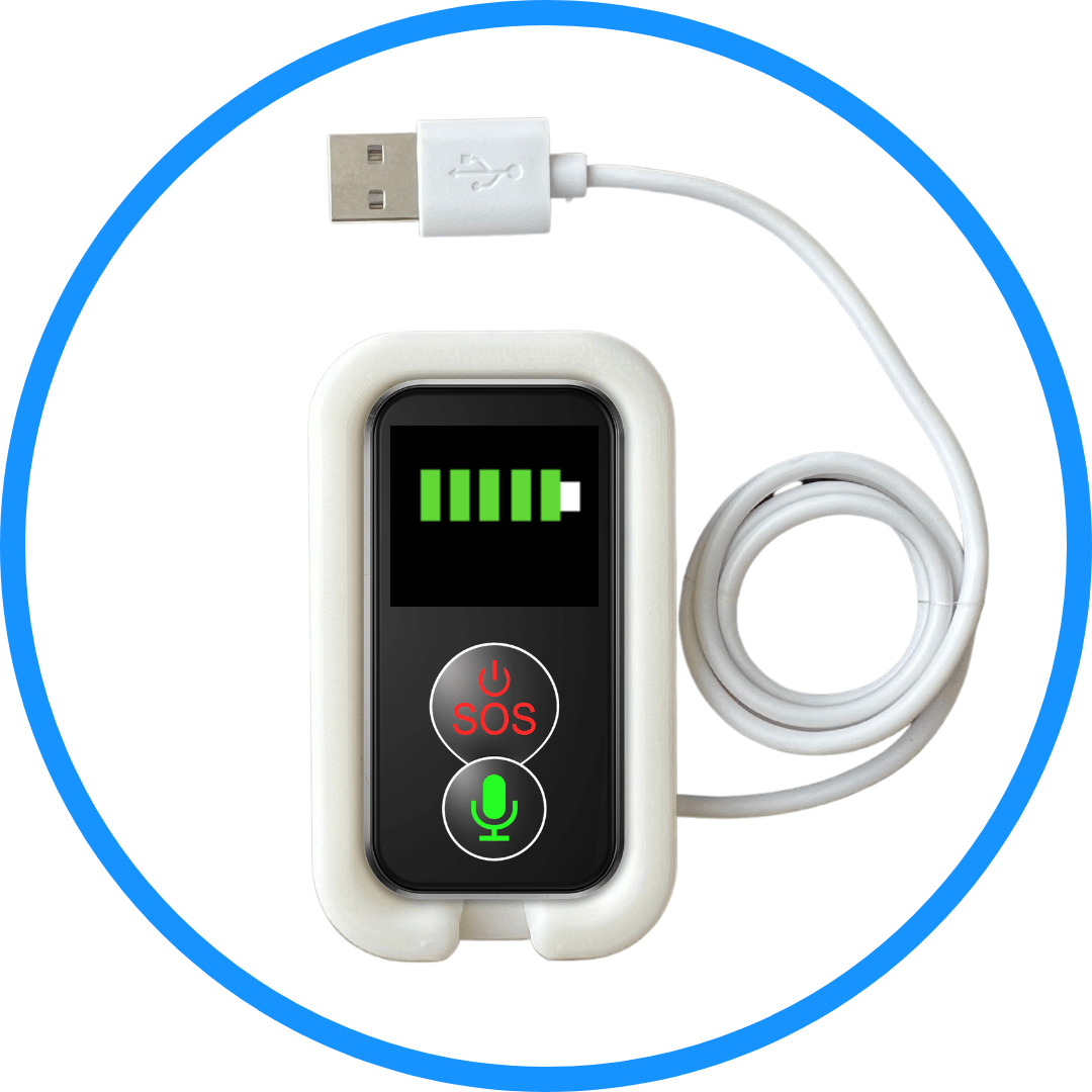 MindMe Pro SM SOS pendant placed on the charger, with the digital screen displaying a charging icon and progress bar, indicating successful charging. Text reads: 'The digital screen will display a charging progress bar when charging successfully.' Ensures long life battery for continuous emergency assistance with this reliable SOS alarm.