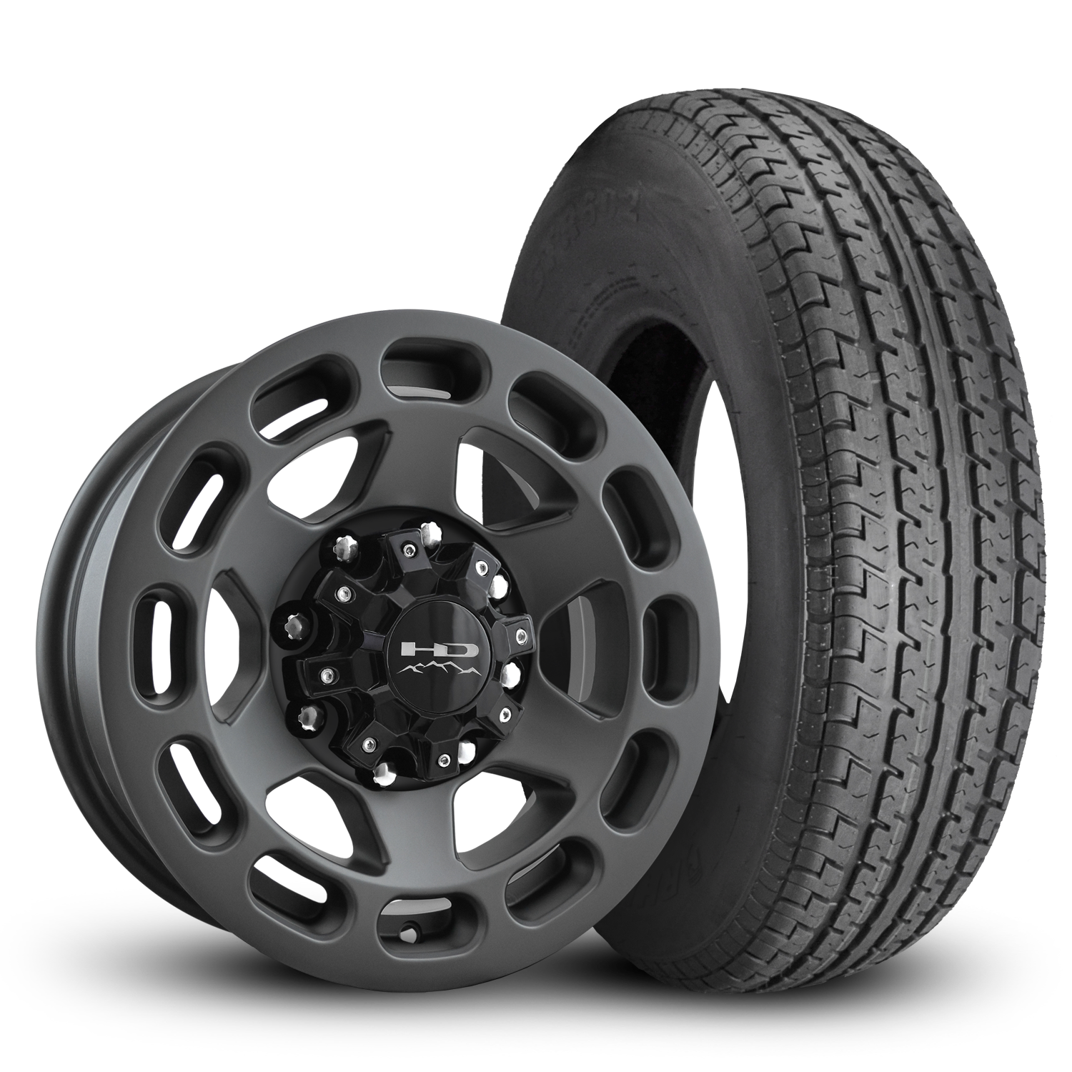 HD Off-Road Patriot Custom Trailer Wheel & Tire packages in 16x6.0 in 8 lug All Satin Grey for Unility, Boat, Car, Construction, Horse, & RV