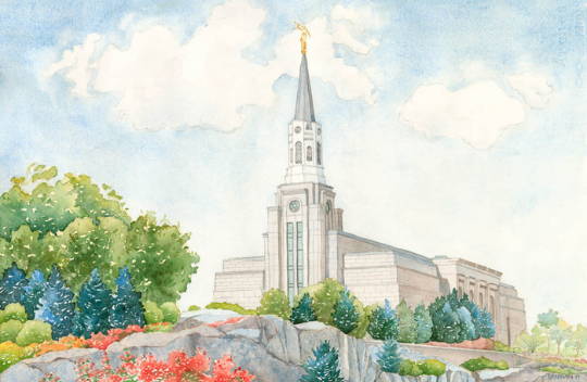 Detailed painting of the Boston Temple on a hill.