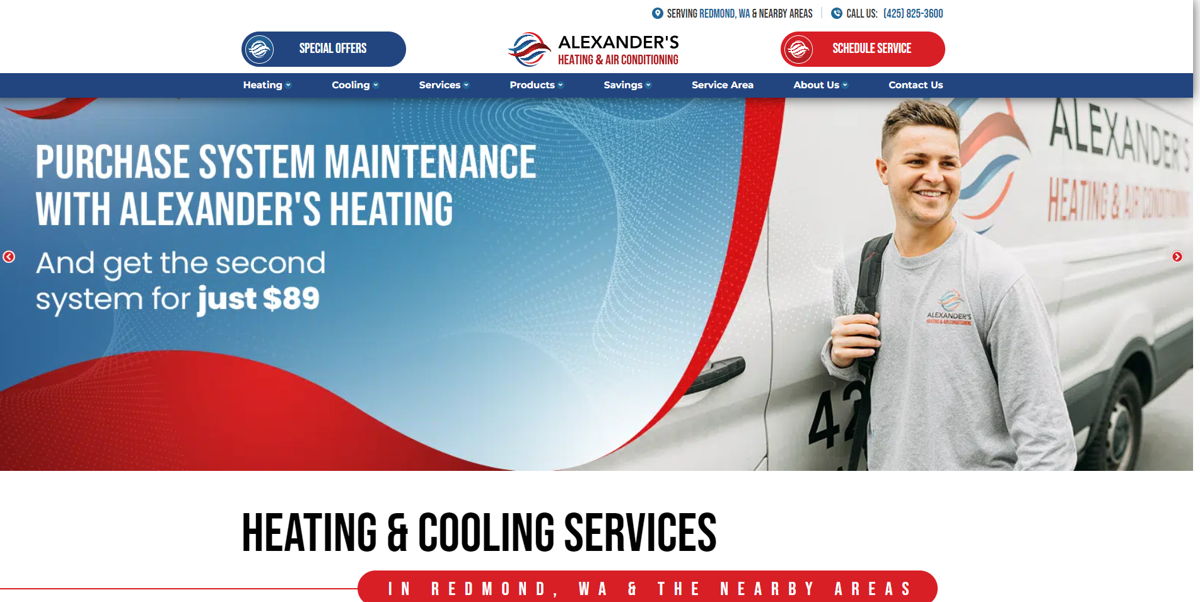 Screenshot of Alexander's Heating, from the hvac websites collection.