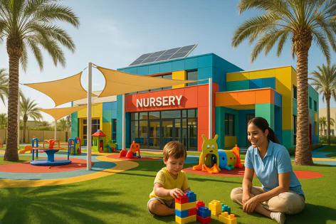 Colorful nursery school building with playground. A boy plays with building blocks while a teacher sits nearby on the grass.