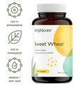 a jar of Brightcore's Sweet Wheat, a high-quality, organic wheat grass juice powder in capsule form