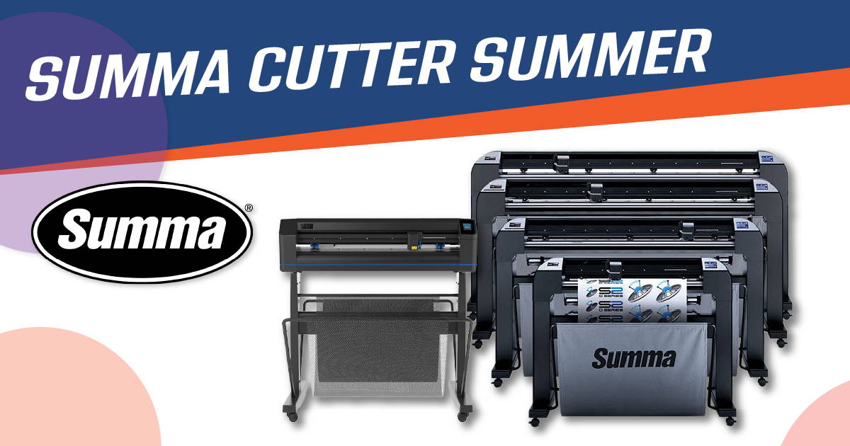Banner that reads: "Summa Cutter Summer." Images of the Summa S One D75 Drag Knife Desktop Cutter and the Summa S Class 2 D-Series Drag Knife Cutter.
