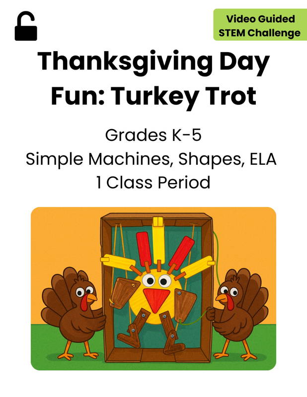 Image of a Thanksgiving-themed STEM activity where a turkey puppet moves using simple machines and linkages built with 3DuxDesign components. Ideal for K–5 classrooms seeking a fun project-based learning challenge that integrates engineering, shapes, and ELA during the holiday season.