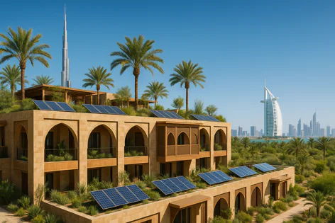 Traditional building in Dubai with solar panels and green terraces, surrounded by palm trees, with the city skyline including Burj Khalifa and Burj Al Arab.
