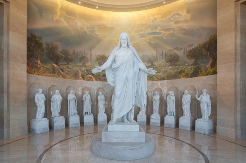 Marble statues of Jesus Christ and the twelve disciples in the Rome Temple visitors center.