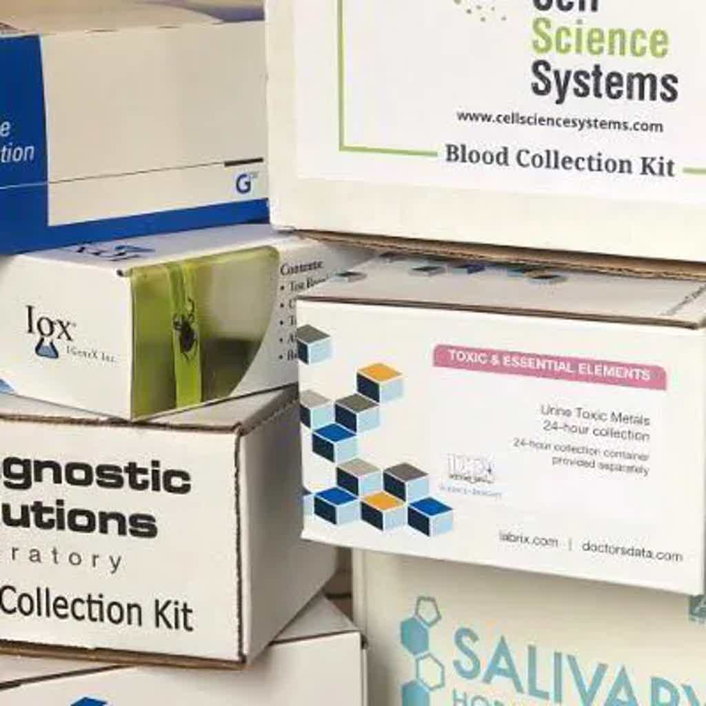 Boxes labeled “Toxicology” and “Laboratory Collection Kit,” including “Blood Collection Kit” and “Toxic & Essential Elements.