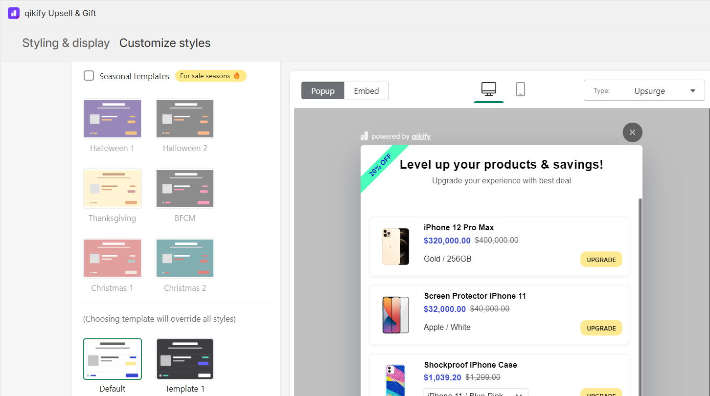 Shopify cart upsell customize style