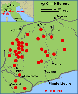 Map of the rock climbing areas around Finale Ligure