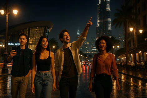 Friends walk on a wet Dubai street at night, one points up at the Burj Khalifa among city lights and the Dubai Opera building.