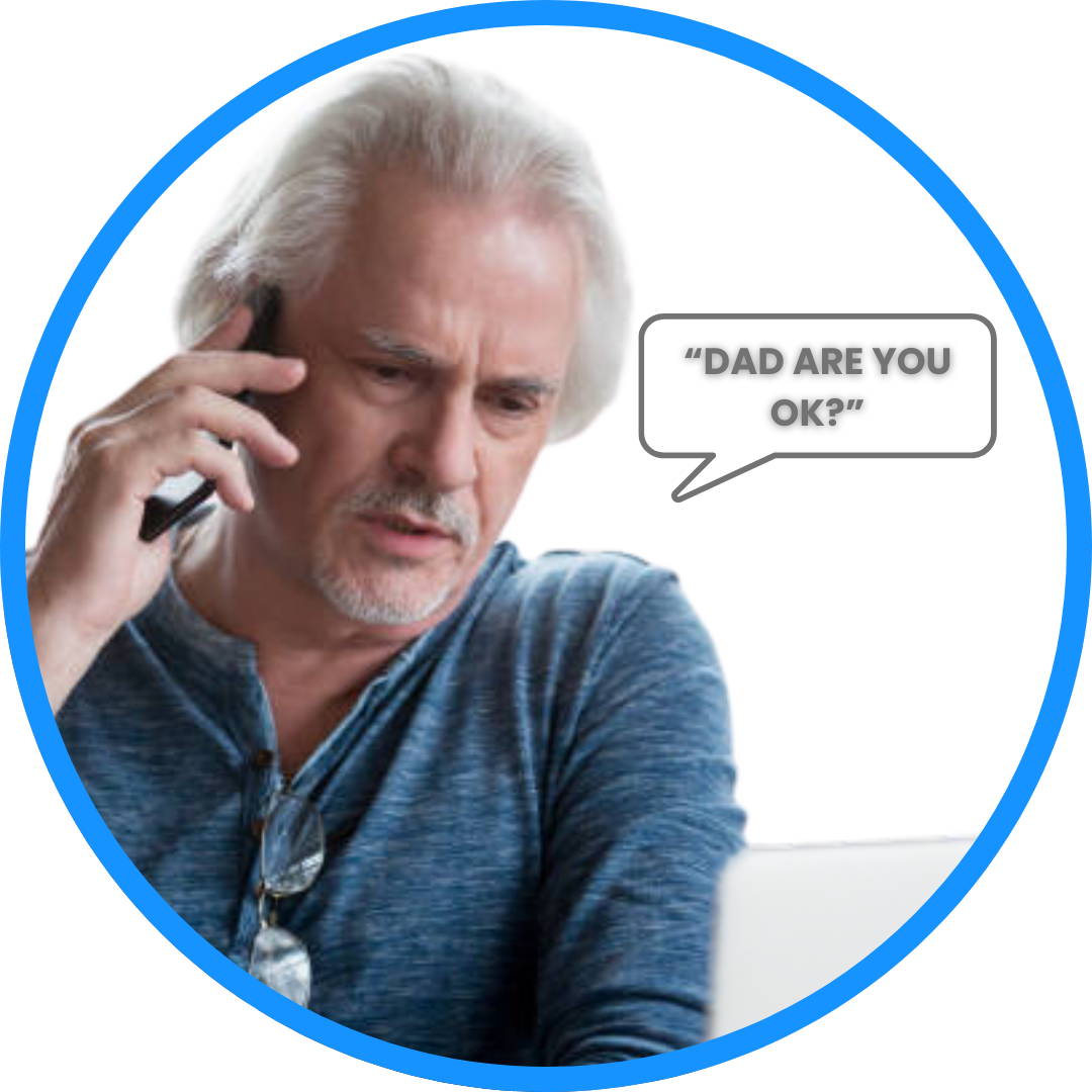 Family member or carer answering a call with 'Are you ok dad?' - Emergency contact receiving voice call from SOS watch alarm after fall detection for fall risk response