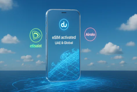 Clear smartphone displays "eSIM activated UAE & Global" text, with Etisalat and Airalo logos, set against a digital map and sky.
