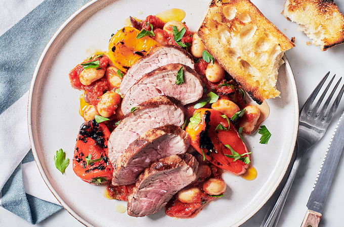Barbecue Pork Tenderloin with White Beans and Olives