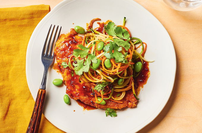 Pan-Fried Chicken with Vegetable Noodles and Tao Dressing