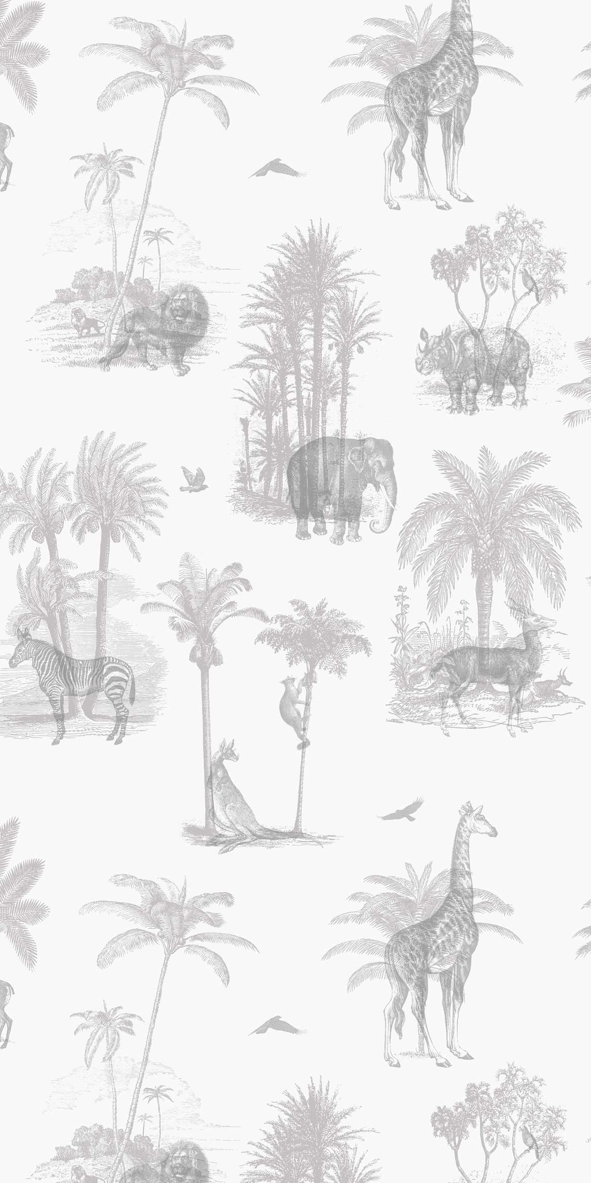Grey Tropical Animal Toile De Jouy Wallpaper pattern image