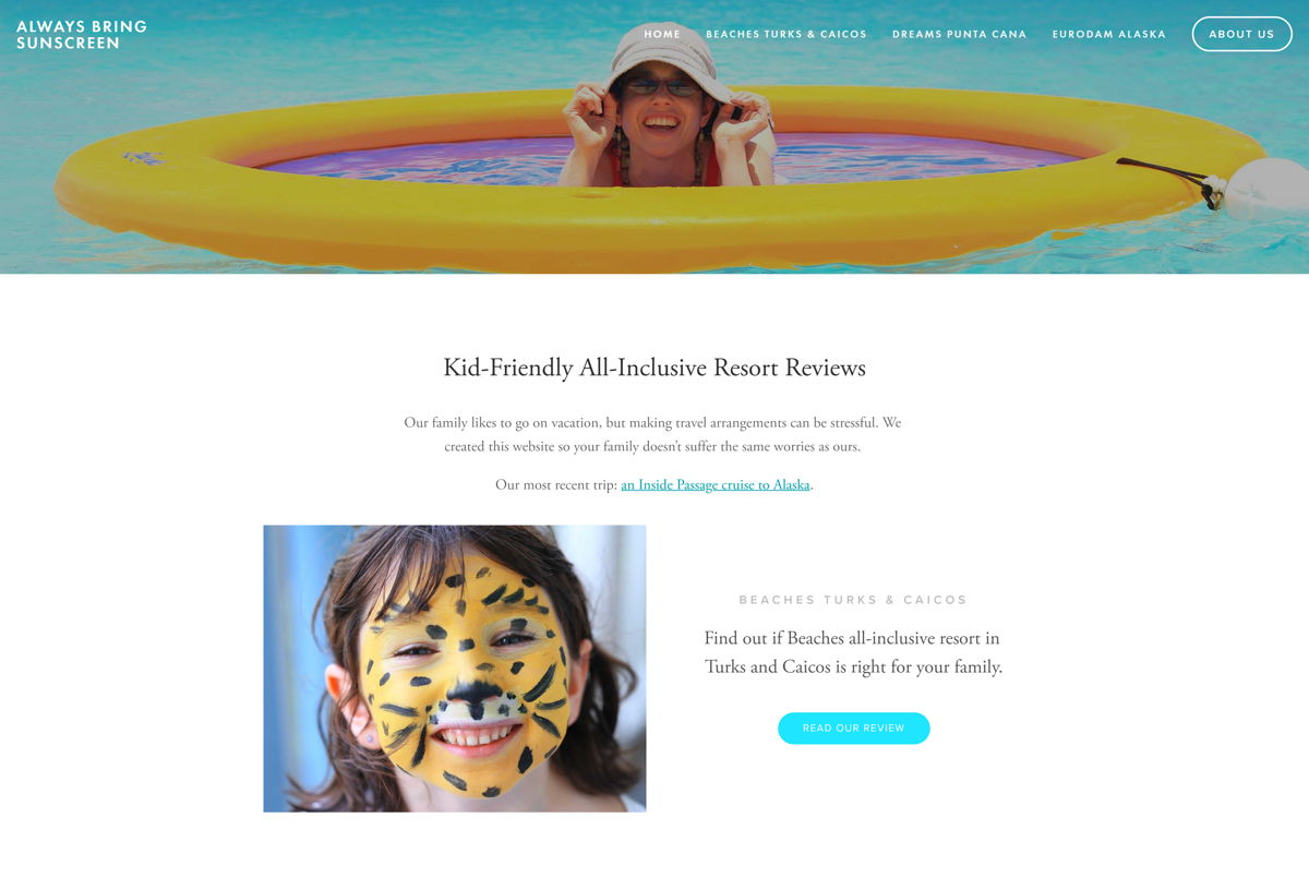 Screenshot of Always Bring Sunscreen, from the squarespace websites  collection.
