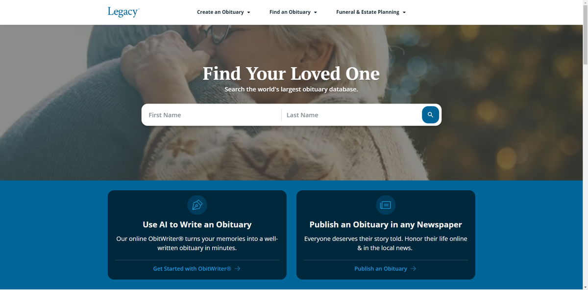 Screenshot of Legacy.com , from the  framer websites collection.