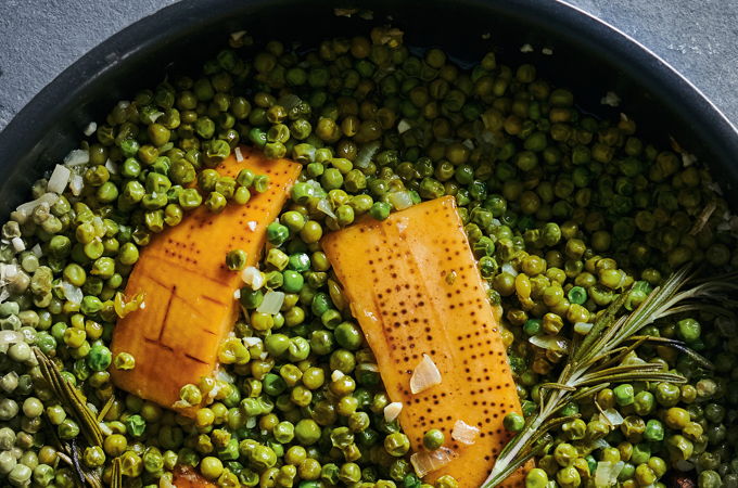 Green Peas Braised in Olive Oil, Parmesan and Rosemary