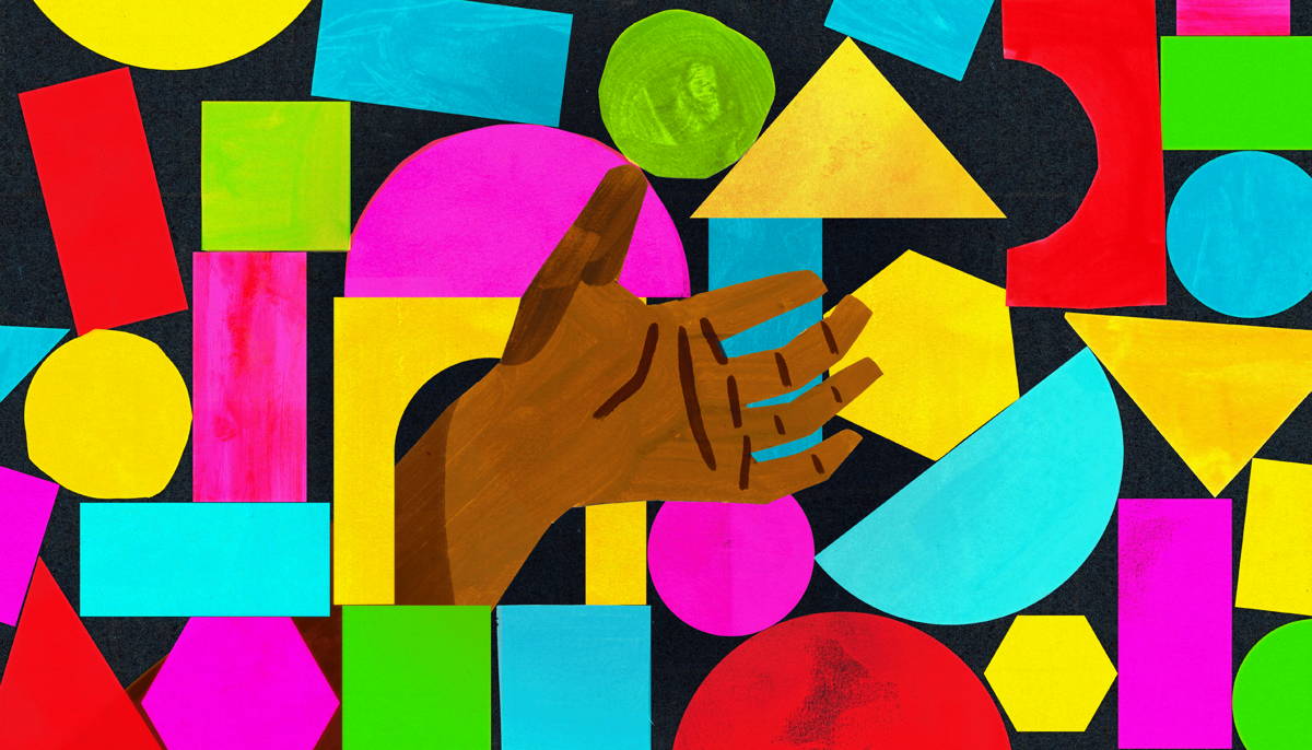 Illustration of a hand reaching for geometric shapes