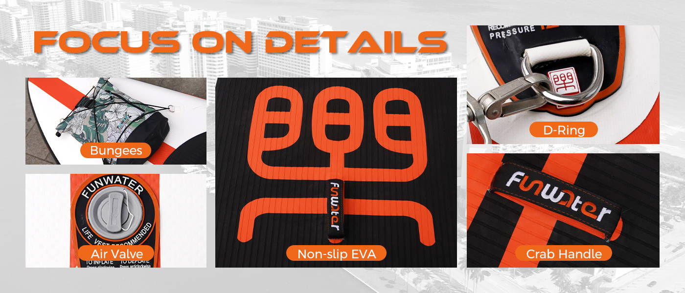 Best quality SUP paddle boards focus on details: bungees, air valve, d-ring, crab handle and high performance Non-slip EVA