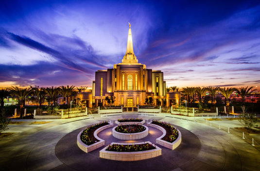 Gilbert Arizona Temple glowing in the night.