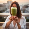 A young woman enjoys a cold glass of matcha latte on the terrace during sunrise