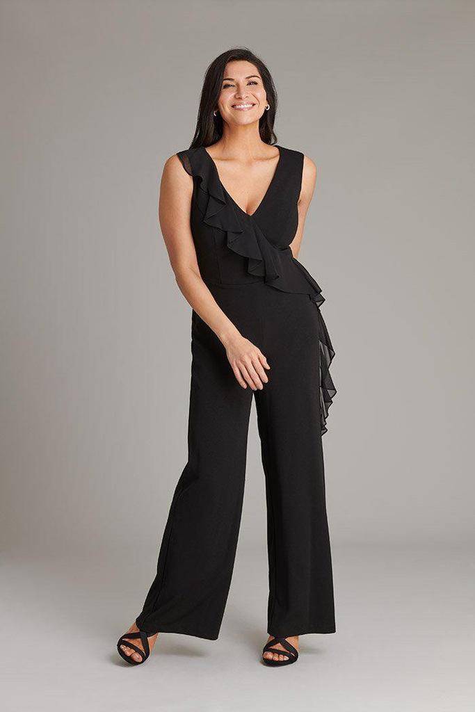 sleeveless full-length chiffon ruffle womens black jumpsuit or lbj on the connected apparel blog