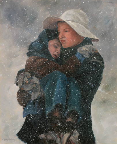 Painting of a pioneer teenager boy carrying his little brother through the snow.