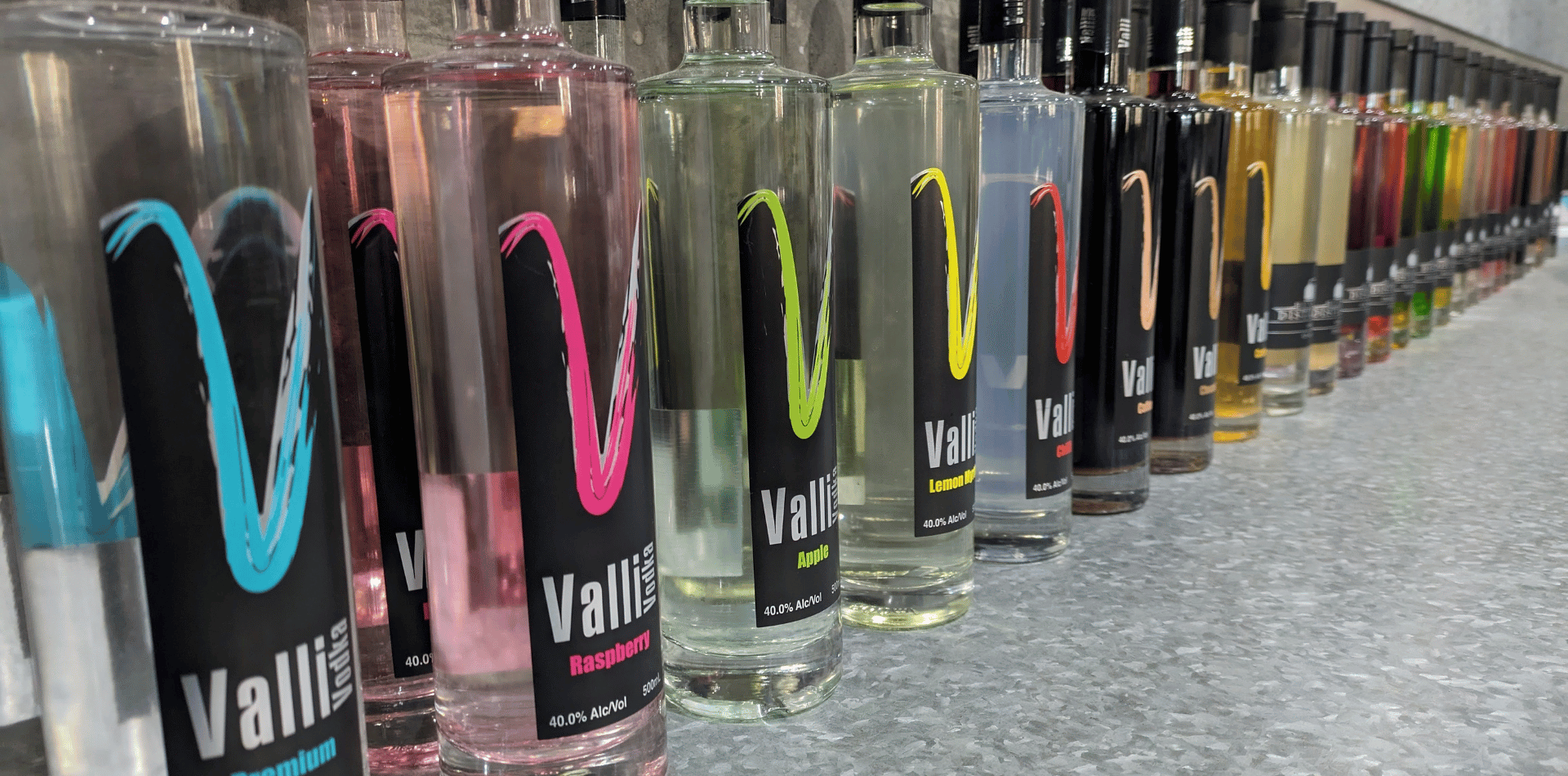 Bottles of Valli Vodka lines up in a row