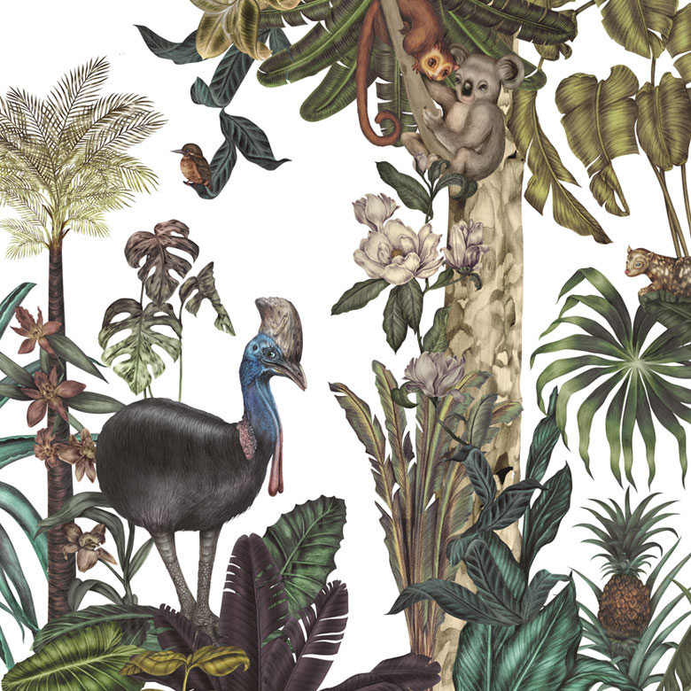 White & Green Fun Jungle Animal Wallpaper Mural pattern image