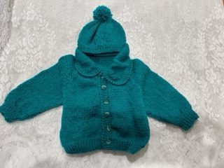 2 Piece set hand made in pure Wool Cardigan & hat