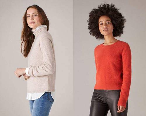Woman wearing beige turtleneck cashmere jumper with white blouse beneath and indigo mid-wash denim jeans and woman wearing bright red crewneck cashmere jumper with black leather pants from sustainable cashmere jumper brand Naadam