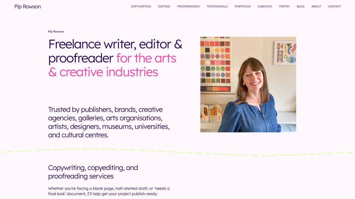 Screenshot of Pip Rowson, from the content editor & proofreader portfolios collection.