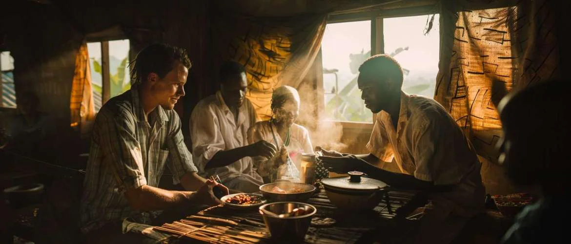 Traveling radiologist sharing a meal with a local family, bridging worlds.
