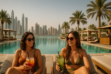 Two women in swimsuits relax by a luxurious resort pool in Dubai, holding cocktails and smiling. The iconic city skyline and palm trees are visible in the background.