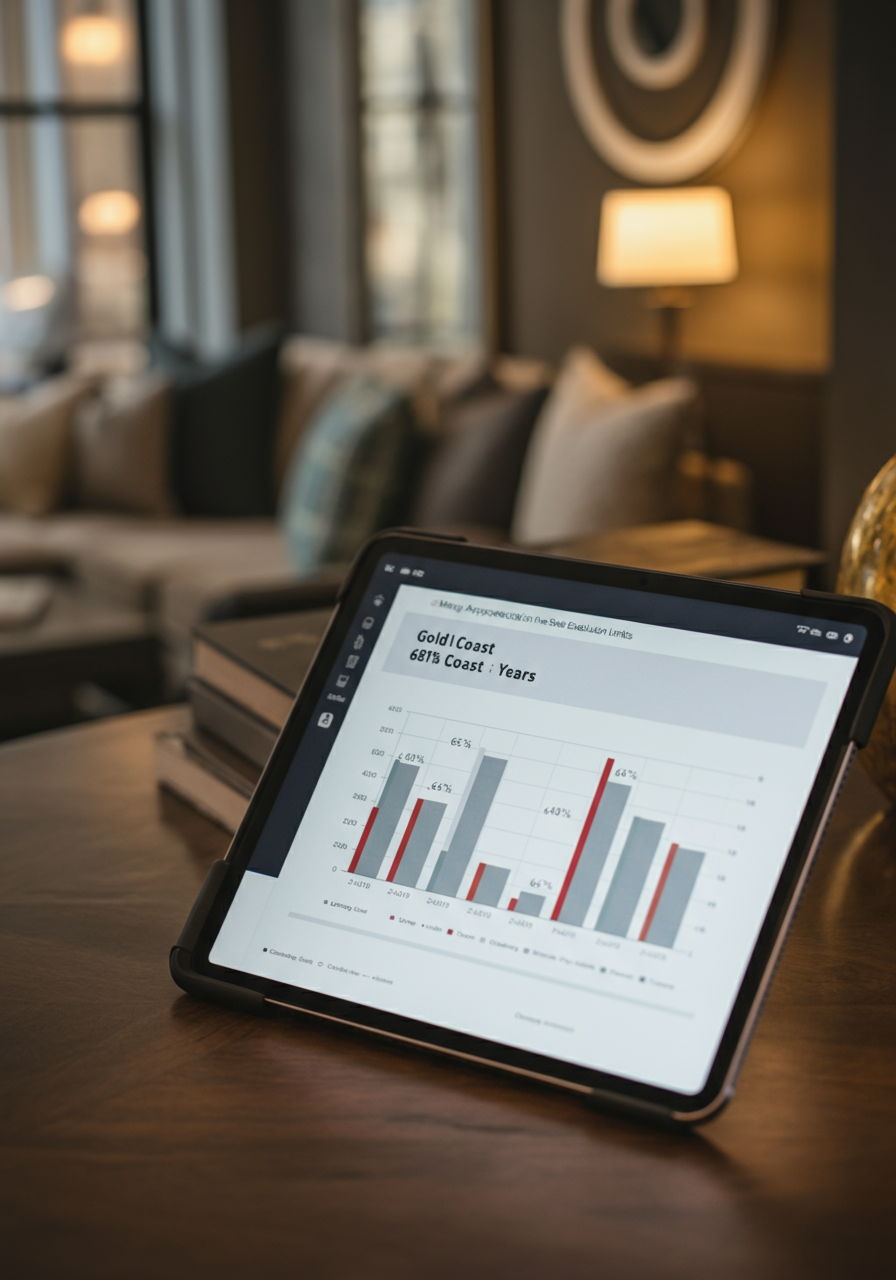 A comparison chart showing the average appreciation of condominiums in Gold Coast (68% over 10 years) and Lincoln Park (62% over 10 years), illustrating why many sellers exceed the federal home sale exclusion limits. The document is displayed on a tablet in a stylish condominium interior.