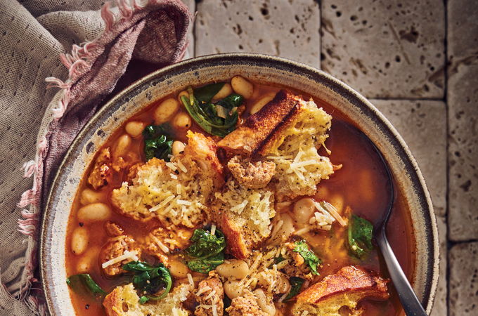 Sausage and White Bean Soup with Parmesan Croutons