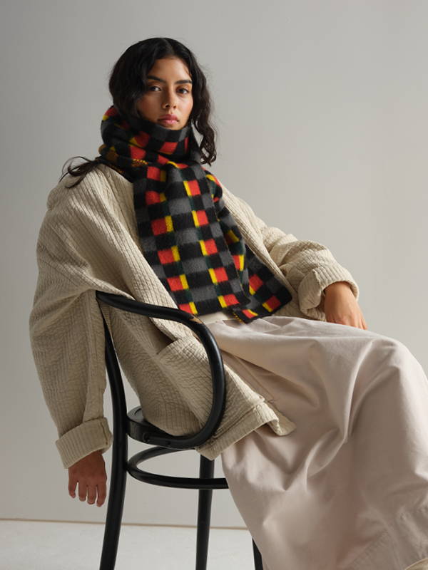 model wears Brushed Tartan Ribbon Scarf