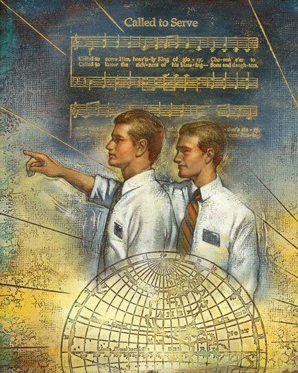 Two LDS missionaries with the "Called to Serve" hymn in the background and a globe in the forefront.
