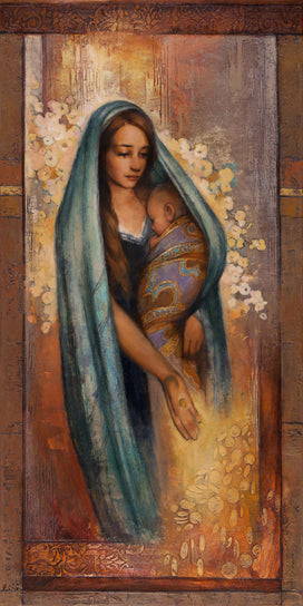 A young widow holding an infant and offering her last coin to a pile of coins.